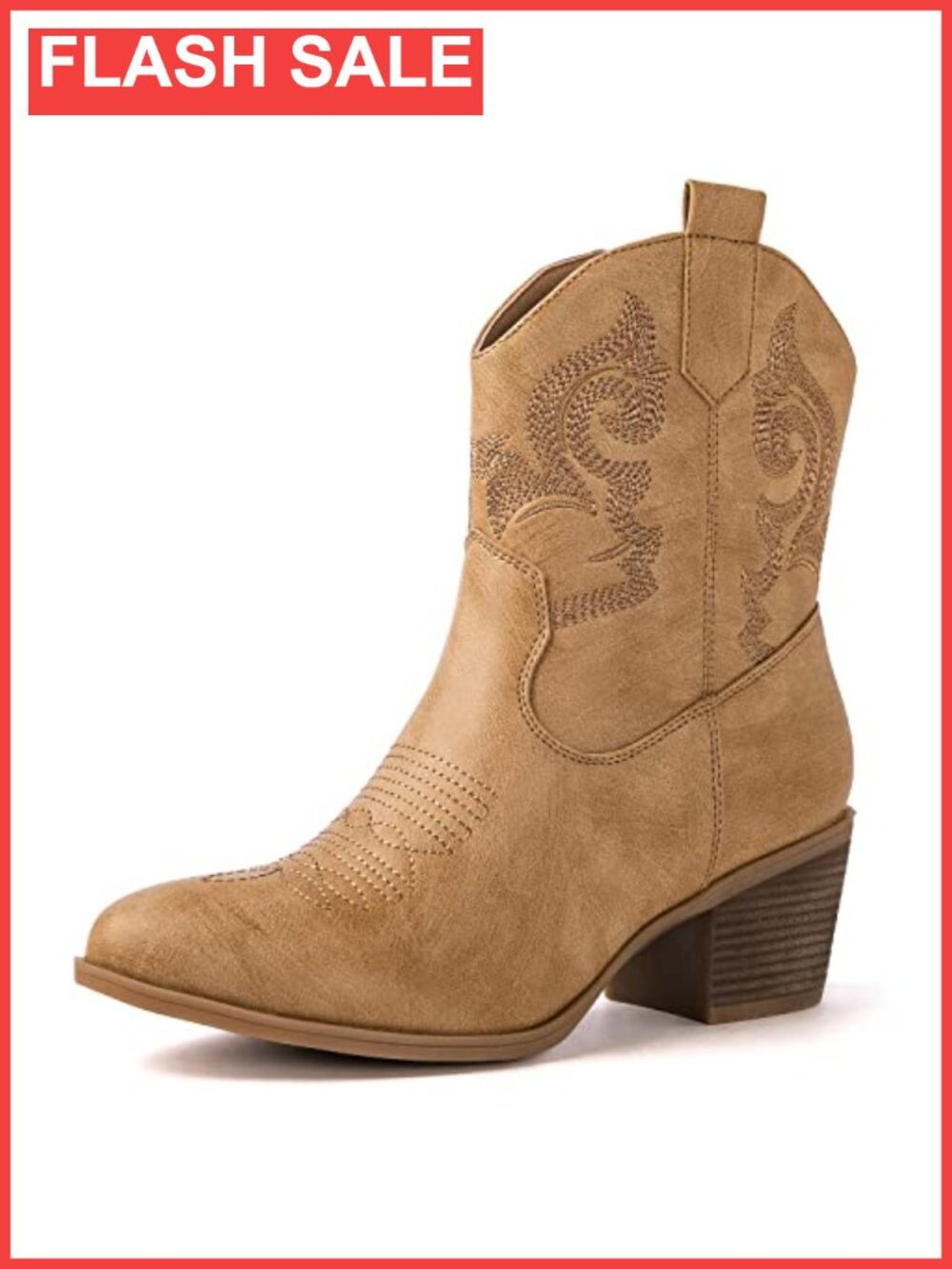 Faux Leather Western Ankle Bootie Almond Toe Block Heel Cowgirl Boots